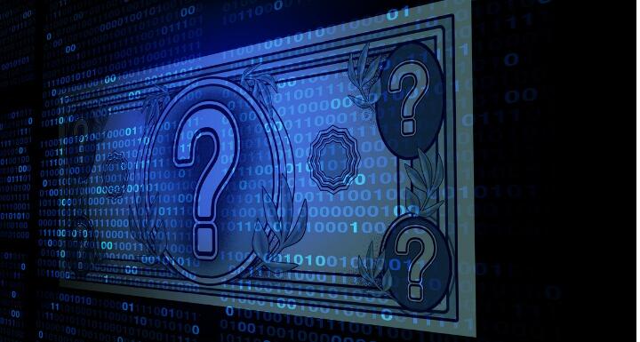Illustration of digital cryptocurrency with dollar bill and question marks on a black background