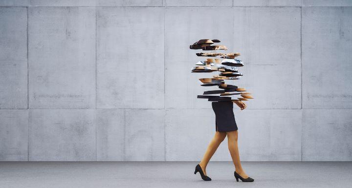 Deconstructed businesswoman walking