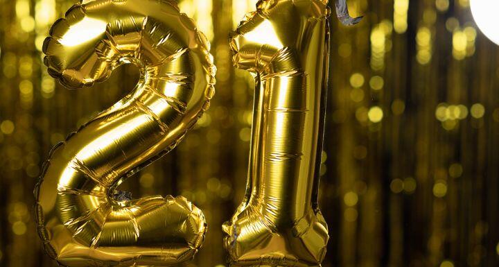 Golden number 21 twenty one made from an inflatable balloon
