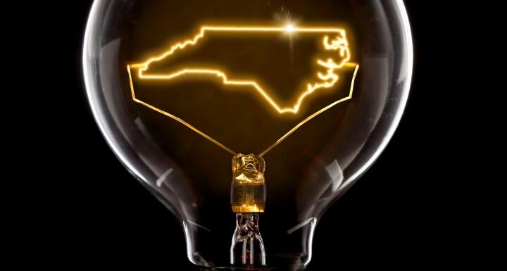 Lightbulb with filaments in the shape of the state of North Carolina