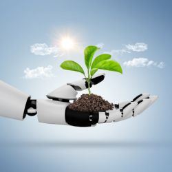 a Robotic hand holding a sprout