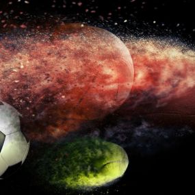 football, soccer ball, tennis play, and basketball in montion