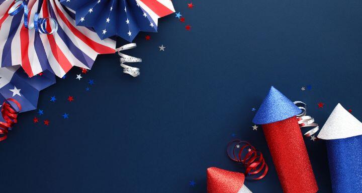 US Federal holidays greeting card template with paper fans and firework rockets on dark blue background