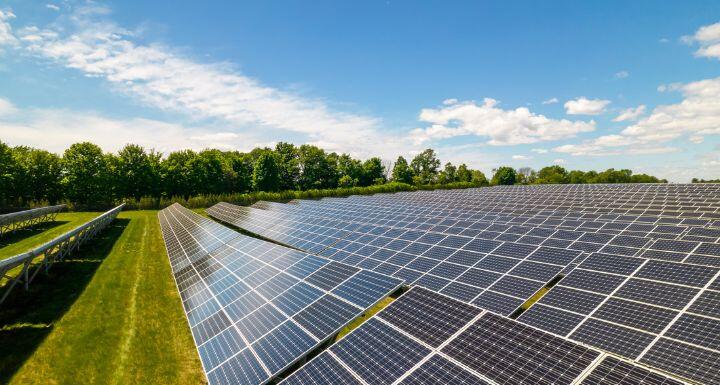 View of modern photovoltaic solar panels to charge battery